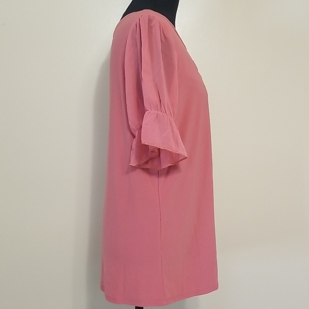 Adele & May Blush Pink Rhinestone Neckline Sheer Sleeve Blouse Career Office L - Picture 6 of 9